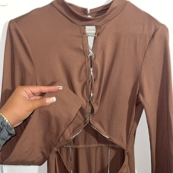 SHEIN Brown Ruched Tie Front Bodycon Dress - Picture 3 of 5